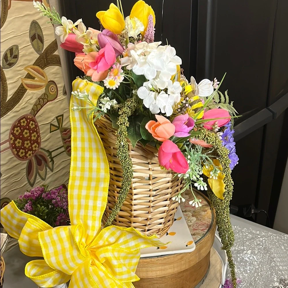 Handmade Floral Basket Door Hanger with honeybee accents